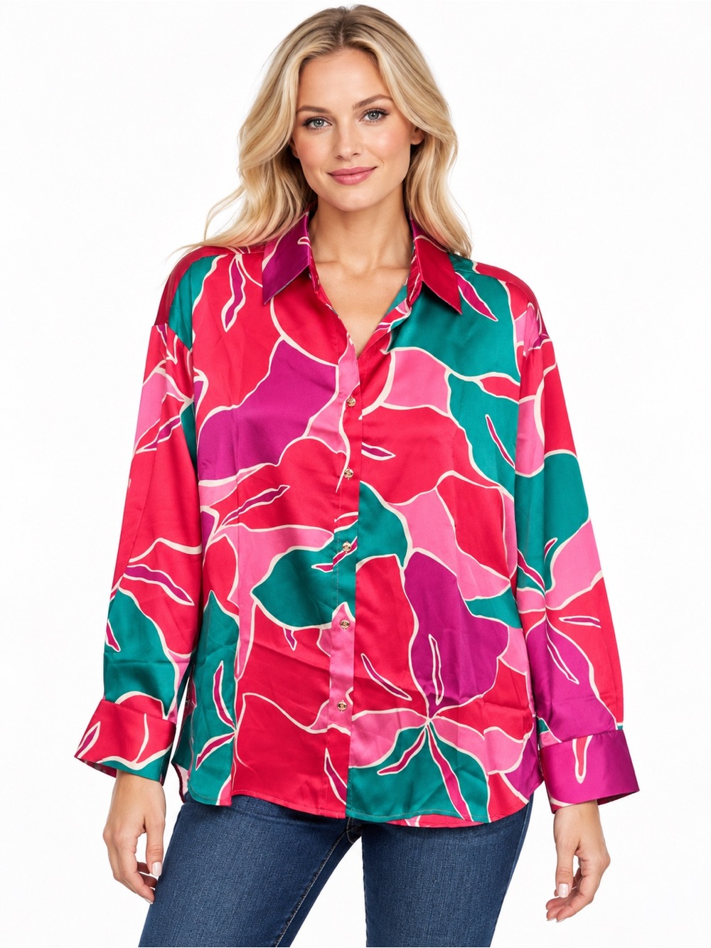Entro NWT Size Large Women's Bright Floral Button-Front Blouse - Fuchsia & Blue